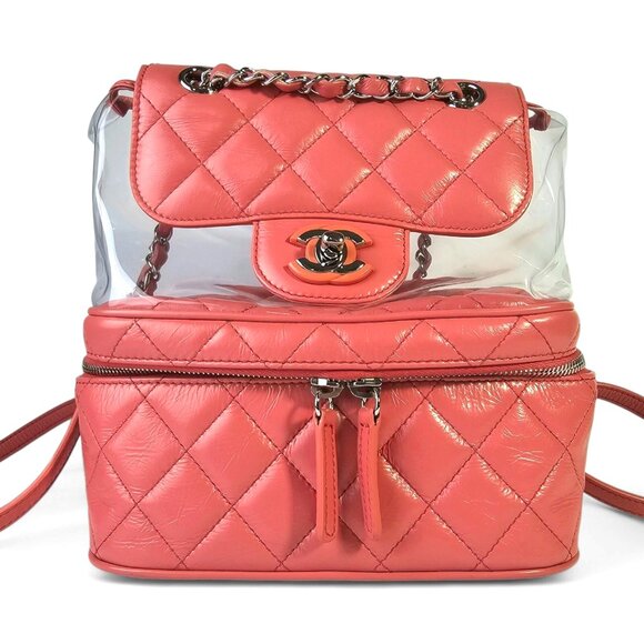 CHANEL Quilted Crumpled Leather Clear Backpack Handbag Pink Chain Zip Around CC - Picture 5 of 16